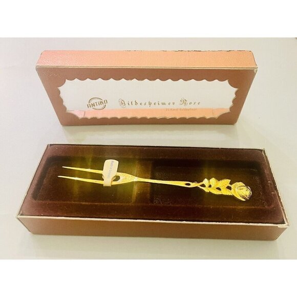 Vintage German Hildesheimer Rose 24k Gold Plated Cocktail Fork Appetizer Pickle - Picture 1 of 8